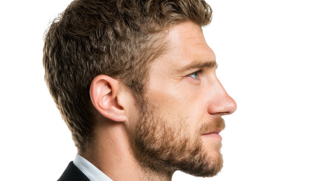 Profile portrait of a lightskinned man with brown hair and beard, wearing a suit jacket and collared shirt, perfect for business and corporate use.
