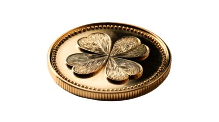 Golden four leaf clover coin symbolizing luck and fortune, perfect for wealth and prosperity related themes and springtime celebrations.