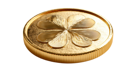 Elegant gold coin featuring a raised fourleaf clover design, perfect for representing luck, wealth, and prosperity in financial or celebratory contexts.