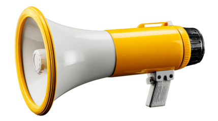 Yellow and white megaphone with black details, a powerful communication tool for announcements, promotions, and public speaking, perfect for commercial use.