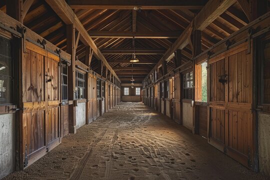 Horse stable interior with sandy floor, wooden stalls and open doors, creating a rustic and tranquil atmosphere - Powered by Adobe