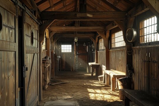Light beams shining through windows and doors of an empty horse stable