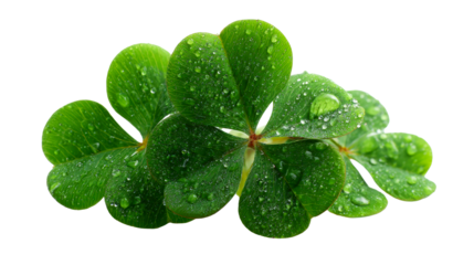 Close up of lush green clover leaves glistening with fresh water droplets, perfect for nature, spring, or good luck themes in marketing and design projects