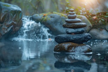 Stack of dark stones balancing in a stream with a small waterfall in the background, creating a tranquil atmosphere