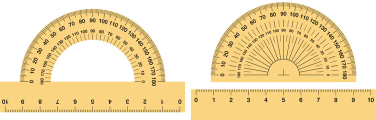 High-quality illustration of yellow protractors and rulers with precise metric and degree markings. Ideal for educational materials, geometry lessons, engineering diagrams, and design-related projects