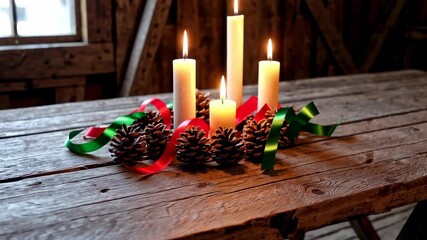 Cozy candlelit holiday setting with pinecones and festive ribbons on rustic wooden table