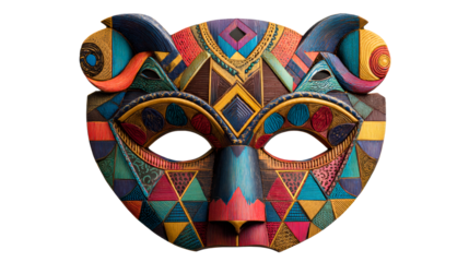 Vibrant tribal mask with intricate geometric carvings and bold colors, perfect for cultural decor, interior design, and celebrating global heritage.
