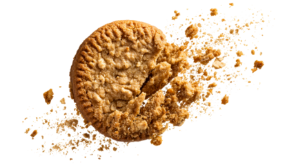 Exploding biscuit with crumbs flying in air, perfect for food advertising, dessert commercials, and snack promotions conveying deliciousness and fun