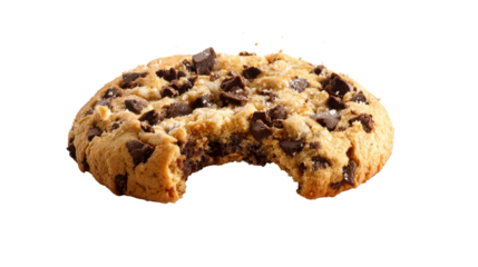 Delicious chocolate chip cookie with a bite taken out and crumbs flying, perfect for food advertising and baking promotions