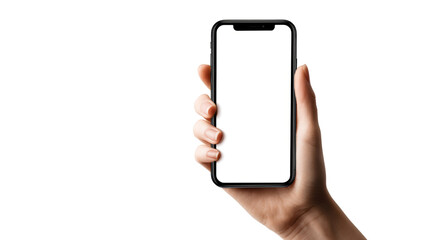 Close up of a person holding a modern smartphone with a blank white screen ready for custom content in a studio setting perfect for app promotion or website display