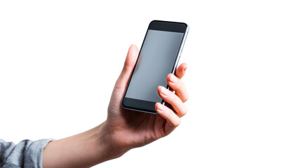 Hand holding a modern smartphone displaying a grey screen for custom content in a clear composition for advertising and app promotion use cases.
