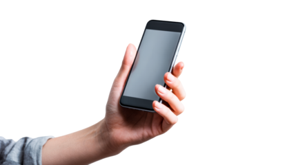 Hand holding a modern smartphone displaying a grey screen for custom content in a clear composition for advertising and app promotion use cases.
