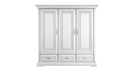 Elegant white threedoor wardrobe with drawers, featuring ornate paneling and metallic handles, perfect for bedroom furniture collections and interior decor concepts.