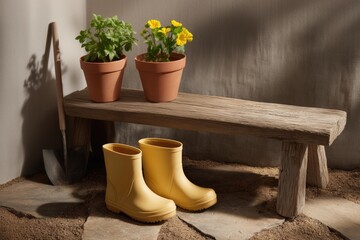 Two terracotta pots with green plants and yellow flowers sitting on a rustic wooden bench next to a pair of yellow rubber boots and a shovel, garden scene, rustic setting