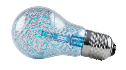 Glass lightbulb with integrated circuitry and glowing blue nodes symbolizes innovation and technological advancement, perfect for tech, ideas, and future concepts.