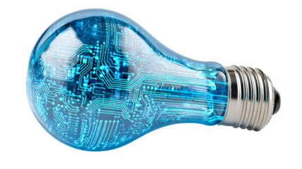 Illuminating idea of technological innovation represented by a glowing blue circuit board inside a glass light bulb symbolizing advanced thinking and energy solutions for futuristic