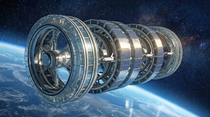 futuristic rotating orbital space station with panoramic glass habitats above earth
