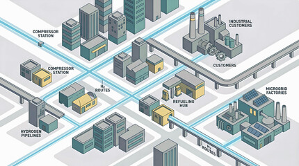 modern hydrogen network infrastructure powering citywide pipelines compressor stations refueling hubs microgrid factories and clean industrial energy customers