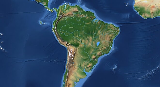 Satellite View of South America with Amazon Rainforest and Andes Mountains.