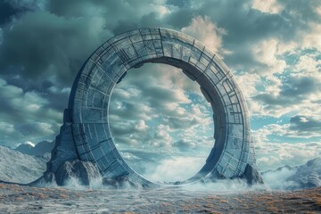 Mysterious stone portal opening to another world in a misty alien landscape, science fiction and fantasy concept