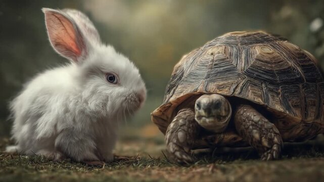 A fluffy white rabbit faces a cautious tortoise in a sunlit, mossy forest clearing, momentary pause