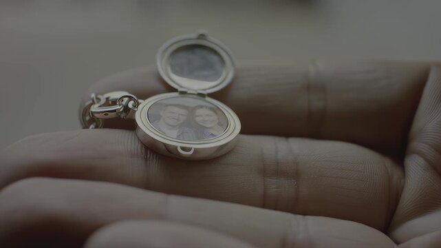 Silver locket with couple's photo on a person's hand