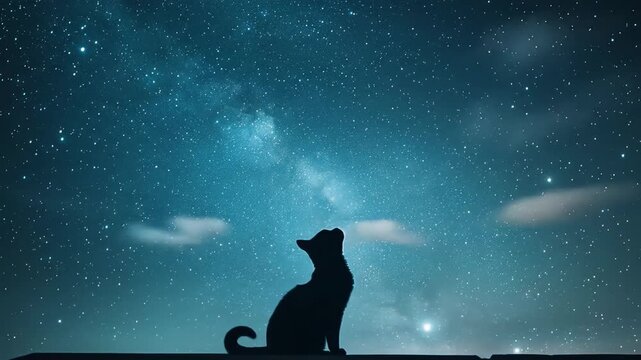 Silhouette of a cat silhouetted against a starry night sky background