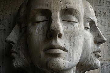 Multiple faces merging into one another, forming a captivating stone sculpture with closed eyes
