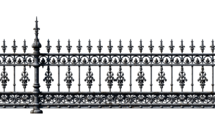 Ornate wrought iron fence section with gothic architectural details and ornate finials, ideal for historical property boundaries or classical exterior architecture concepts.