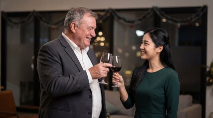 Happy diverse colleagues, a senior Caucasian man and a young Asian woman, toasting with red wine at an office Christmas party.