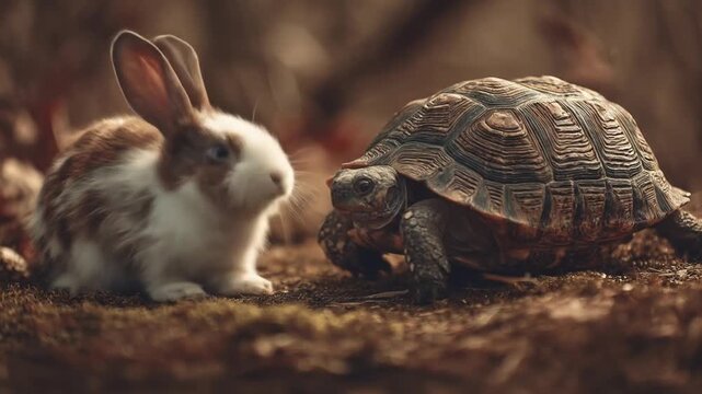 Two woodland creatures, a curious rabbit and a tortoise, meet on mossy ground under soft warm light