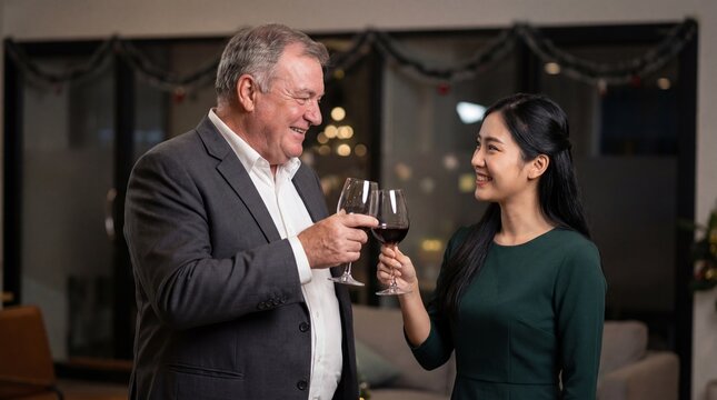 Happy diverse colleagues, a senior Caucasian man and a young Asian woman, toasting with red wine at an office Christmas party. - Powered by Adobe