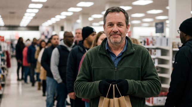 A middle-aged man holding shopping bags smiles patiently while waiting in a long queue with other people inside a retail store.