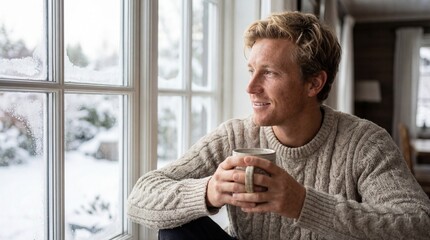Handsome man in a cozy sweater holds a mug of hot coffee while looking out the window at a snowy winter scene from his warm home.
