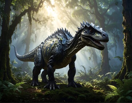 Large dinosaur stands in a dense, sunlit forest - Powered by Adobe