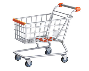 Empty metal shopping cart isolated on white for supermarket business retail purchase
