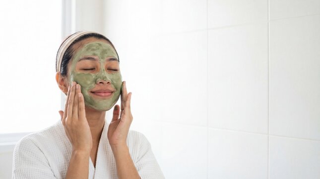 Relaxed Asian woman in a white bathrobe applying a green clay facial mask for a beauty skincare treatment in a bright bathroom. - Powered by Adobe