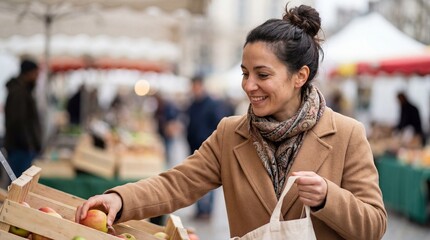 Smiling woman in a brown coat choosing fresh organic apples from a wooden crate at an outdoor farmers' market on a weekend.