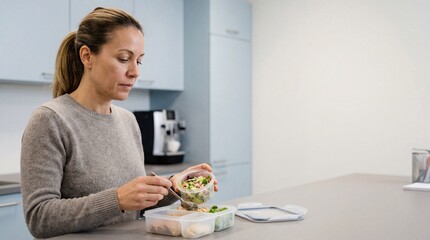 Focused businesswoman preparing a healthy salad for lunch, putting food into a plastic container at her office kitchen counter.