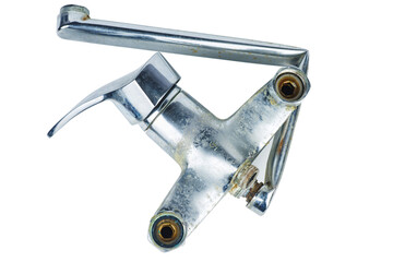 Broken faucet of steal isolated on a white background. Top view