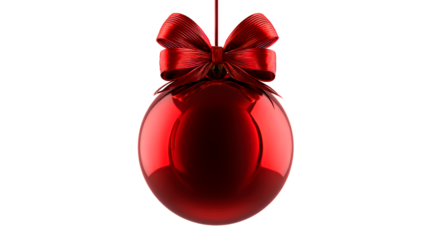 Shiny red Christmas ornament with a festive bow hanging against a neutral background, perfect for holiday celebrations and seasonal decorations.