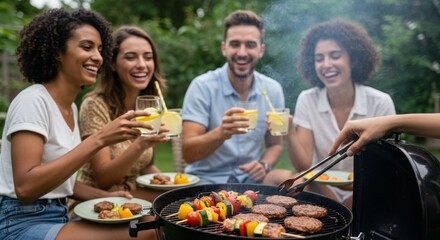 Four friends enjoy a backyard barbecue. Group of young adults laugh at a summer outdoor party with smoke from a grill with burgers.
