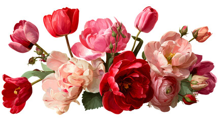 Floral arrangement of lush pink and red tulips and roses with green leaves for spring celebration and romantic event themes