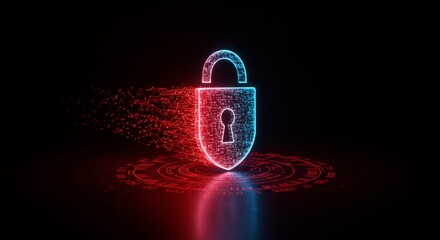 Open digital padlock glowing with neon lights. Cybersecurity concept for data protection and information security.