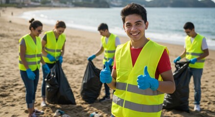 Young man giving thumbs up on beach cleanup. Diverse group volunteering for environment protection. Community service for earth day.
