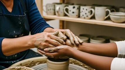 Aged Latina Hands Teaching Pottery to Young Black Woman at Wheel