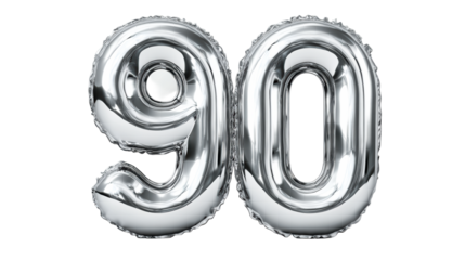 Shiny silver foil balloons forming the number ninety perfect for celebrating a 90th birthday anniversary or significant milestone occasion celebration.