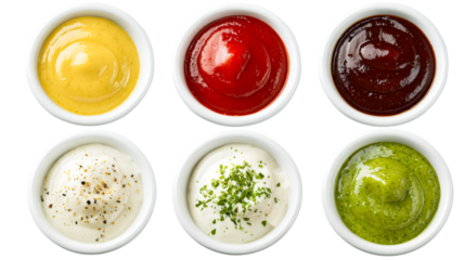 Overhead view of six small white bowls filled with various condiments like mustard, ketchup, barbecue sauce, ranch, pesto, and peppered mayonnaise for culinary use
