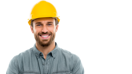 Smiling male construction worker with yellow hard hat and denim shirt posing confidently for industrial projects and corporate safety presentations