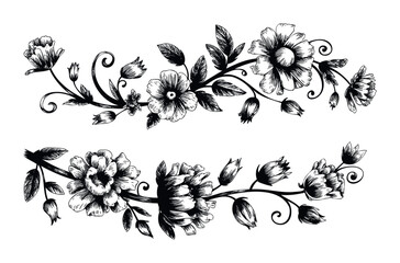 Fototapeta premium Intricate black and white floral vine arrangements with blooming flowers and buds, perfect for decorative borders and graphic accents.